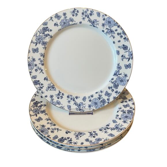 Grace Teaware Fine Porcelain Dinner Plates 10.5in Blue Floral Gold Trim Set of 5 - Picture 2 of 12